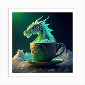 Firefly Green, Dragon, Coffee, Cup, Iceberg, Ocean, Artic, Background, Northern Lights, Hyper Realis (10) Art Print