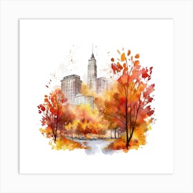 Watercolor Autumn Cityscape 1 Art Print