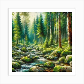 Stream In The Forest, Acrylic Painting Style 11 Art Print