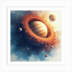 Watercolor Cosmic Dust Swirling Around A Mysterious Planet And Moon 1 Art Print