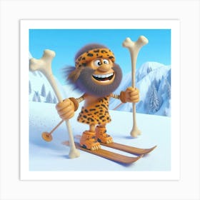 Prehistoric Man On Skis 2 Art Print