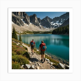 Two Hikers Hiking In The Mountains Art Print