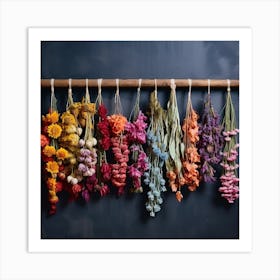 Dried Flowers Hanging On A Wooden Rod Art Print