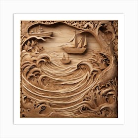 21038 Wooden Sculpture Of A Seascape, With Waves, Boats, Xl 1024 V1 0 Art Print