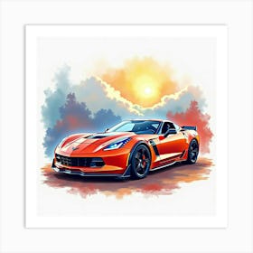 Chevrolet Corvette C7 Z06 Surrounded By A Vivid Watercolor Scene, No Signature Or Logo 1 Art Print