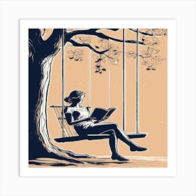 Girl Reading On A Swing Art Print