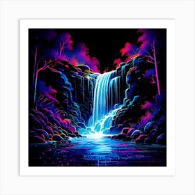 A Neon Infused Line Art Drawing Of A Cascading Waterfall Set Against A Dark Background The Waterfa (1) (1) Art Print