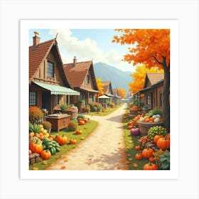 Autumn Harvest Festival In A Village, Watercolor With Local Produce And Activities 1 Art Print