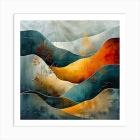 Abstract Autumnal Landscape Painting With Layered Hills In Teal Orange And Gold Tones Featuring Stylized Plants Art Print