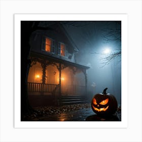 Fog Holiday Greeting Scarey Evil Dark Ominous Leaf Stripes Haunting Wood Carving Flames (23) Art Print