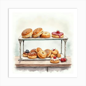 Classic Watercolor French Patisserie With Delicate Pastries On Display 1 Art Print