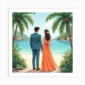 Elegant Couple In Watercolor Outfits, Serene Tropical Paradise 1 Art Print