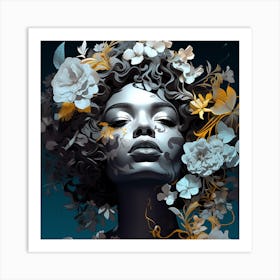 Woman With Flowers On Her Head 3 Art Print