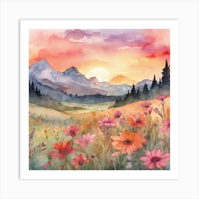 Watercolor Of Mountains And Flowers Art Print