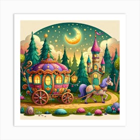 Playful Cartoon Style Illustration Of A Whimsical Caravan Journey Through A Magical Forest, Style Cartoon Illustration Art Print