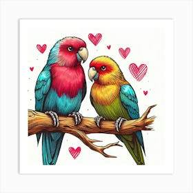 Line Art lovebirds parrots 2 Art Print