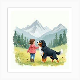 Watercolor Illustration Of A Child And A Bernese Mountain Dog In A Mountain Meadow Art Print