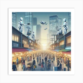 Robots In The Market 2 Art Print