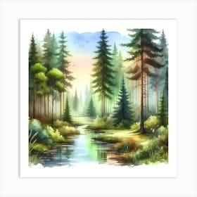 Watercolor Forest Landscape 1 Art Print