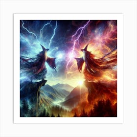 Two Wizards Fighting In The Sky paintings art print Art Print