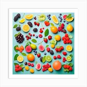 Fresh Fruits On Blue Background Art Print