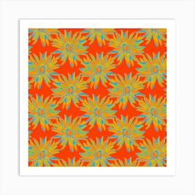 DAHLIA BURSTS Multi Abstract Blooming Floral Summer Bright Flowers in Orange Yellow Lime Green Blue on Coral Red Art Print