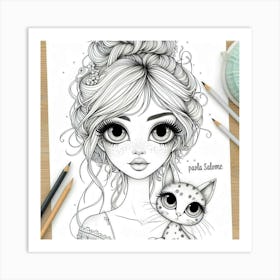 Girl With Cat 1 Art Print