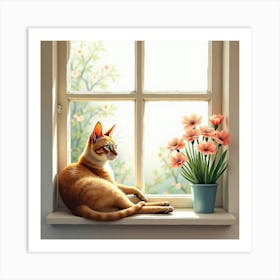 A Cornish Rex Cat Lounging On A Windowsill With A View Of Blooming Flowers, Watercolor Art Print