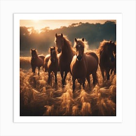 A Beautiful Brown Horses Setting On The Horizon, The Sun Shines Through The Tops Of Rice Art Print