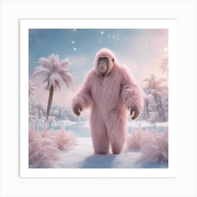 Digital Oil, Ape Wearing A Winter Coat, Whimsical And Imaginative, Soft Snowfall, Pastel Pinks, Blue (3) Art Print