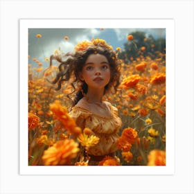 Girl In A Field Of Mexican Marigold Flowers Art Print