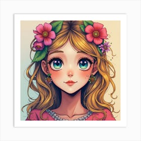 Anime Girl With Flowers Art Print