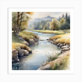 River Watercolour Painting Art Print