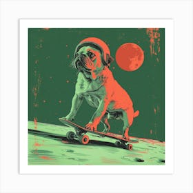Pug On A Skateboard on the moon, lithography art print Art Print