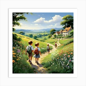 Two Children Walking Down A Path 1 Art Print