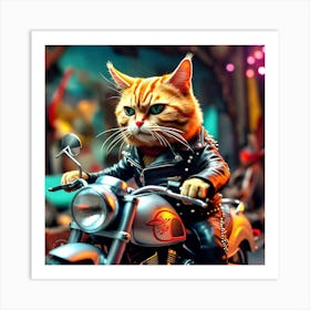 Ginger Cat Riding Motorbike 1 Art Print