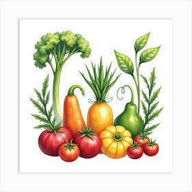 Watercolor Artwork Of Assorted Vegetables And Fruits In An Exquisite Setting 1 Art Print