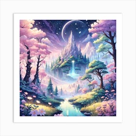 A Fantasy Forest With Twinkling Stars In Pastel Tone Square Composition 187 Art Print