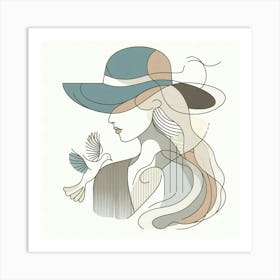 Woman With Hat And Pigeon - Creative Pastell Color Drawing Art Print