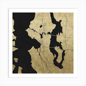 Seattle Gold And Black Reverse Street Map Art Print