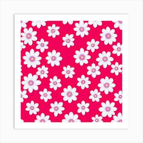 Daisy pattern, white flowers on pink background  Art Print