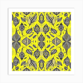 Neon Vibe Abstract Peacock Feathers Black And Yellow Art Print