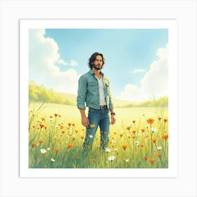 Keanu Reeves In A Peaceful Watercolor Meadow With Soft Wildflowers Art Print