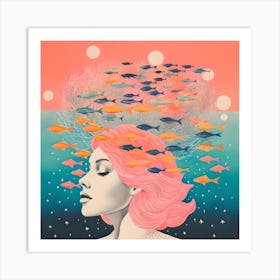 Risograph Style Surreal Woman & Fish, Candy Colours 5 Art Print