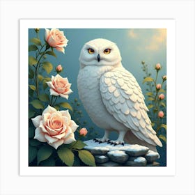 Snowy Owl Among White Roses 1 Art Print