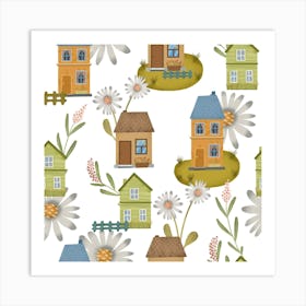 Seamless Pattern With Houses And Daisies Art Print