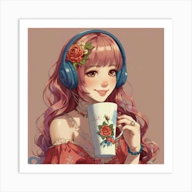 Anime Girl With Headphones Art Print