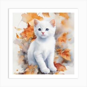 White Kitten In Autumn Leaves Art Print