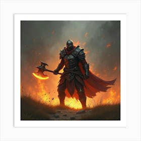 Warrior Wielding A Glowing Axe In A Fiery Battlefield 1 Art Print