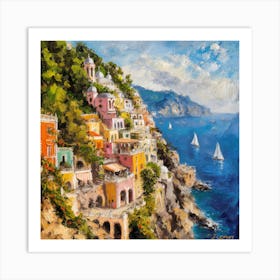 Lazy Square Impressionist Oil Painting Of The Sunny Amalfi Coast (3) Art Print